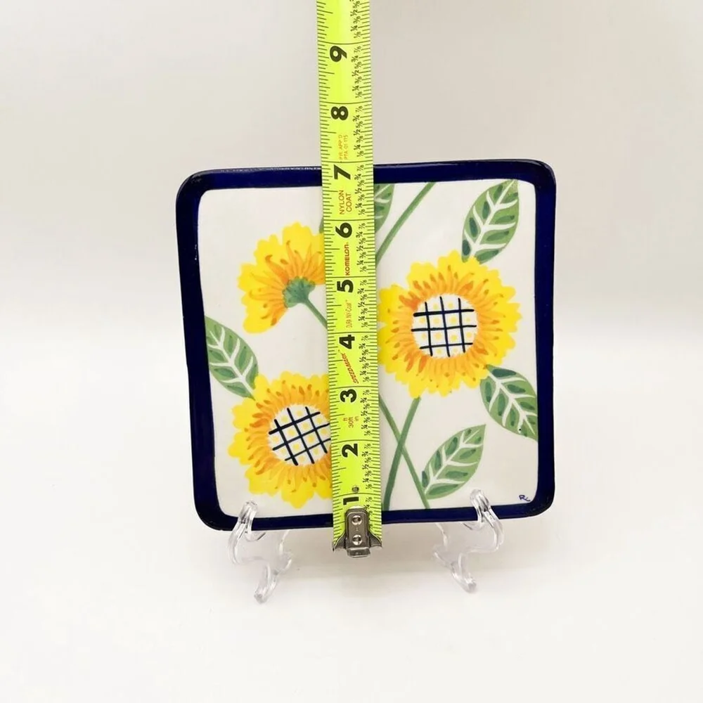 Mexican Pottery Handmade Tile Trivet Handpainted Sunflowers Square 7” Mexico‎